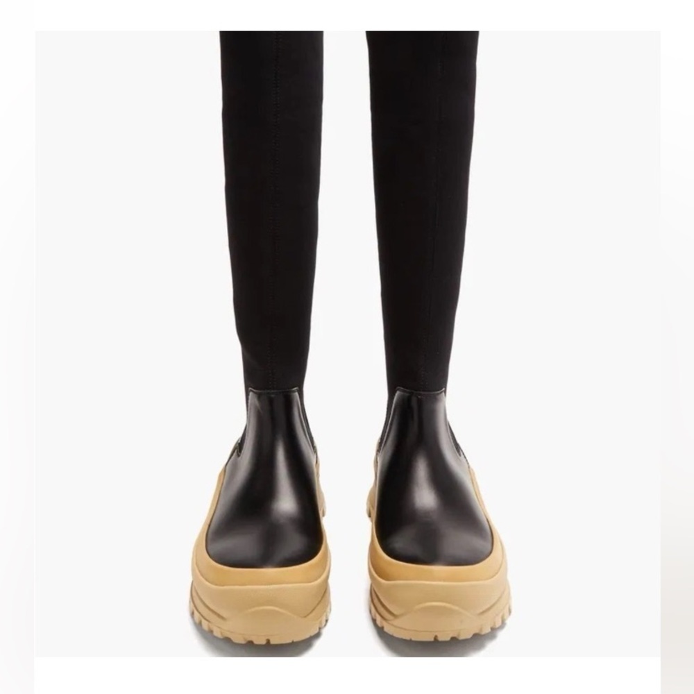 Jill Sander Black and Tan leather and scuba jersey tall Boots 39 US 8.5 Italy